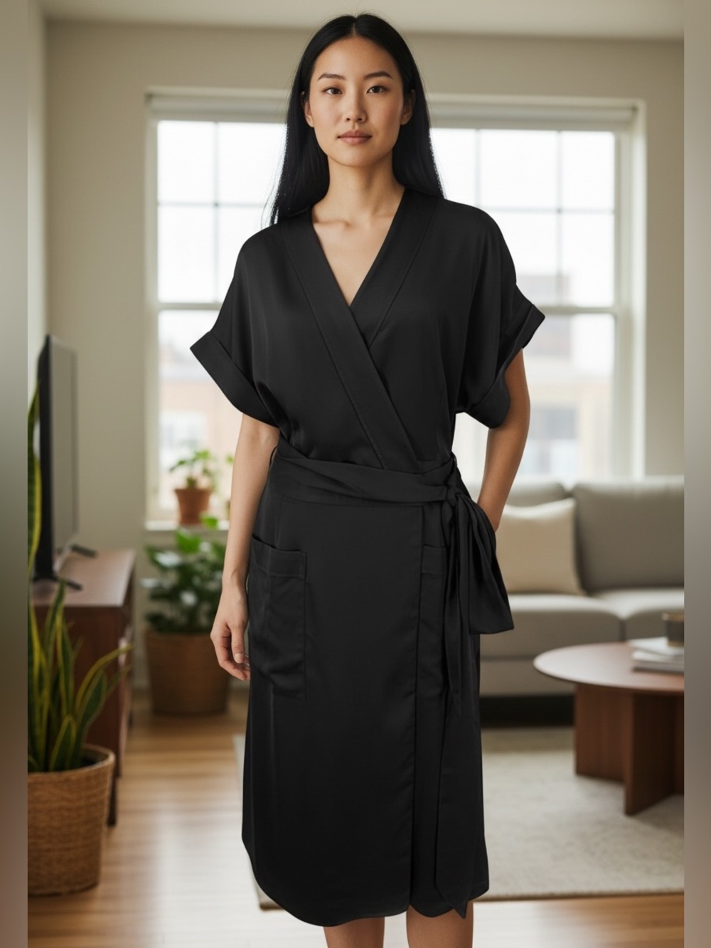 J.Crew Black Short-sleeve Wrap Dress Satin Crepe size Small